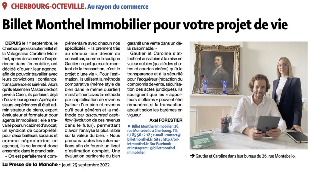 Article Presse de la Manche pour l'ouverture de l'agence immobilière Cherbourg BILLET MONTHEL IMMOBILIER