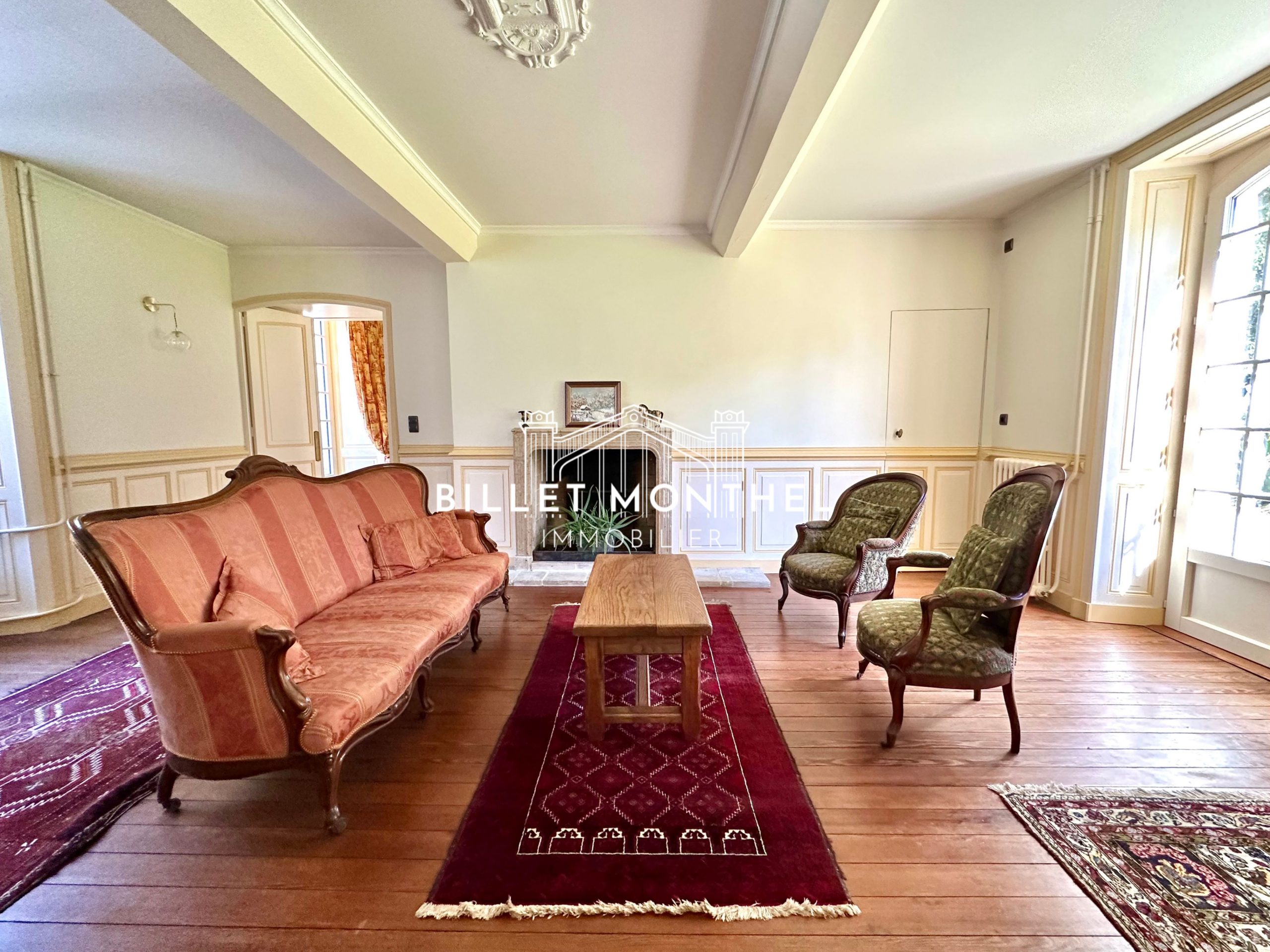 salon-parquet-canapé-cheminée-maison-maitre-saint-sauveur-à-vendre